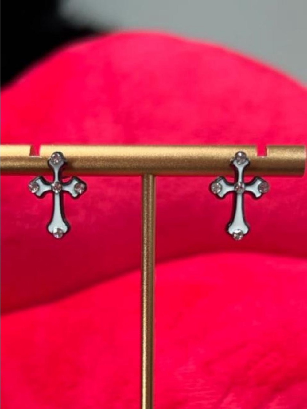 White Enamel Cross Stud Earrings with Crystal Accents